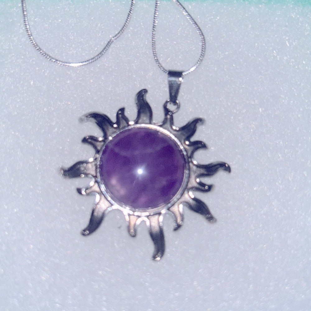 Boho hippie Amethyst Crystal Sun Sterling Silver Necklace 16”